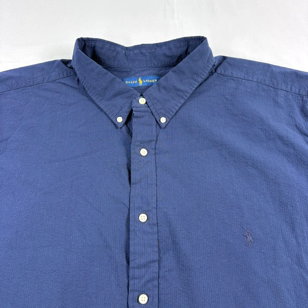 Polo Ralph Lauren Shirt Mens 4XLT Tall Blue Seersucker Button Up Short Sleeve